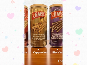 Jims 150gr Luxurious Creamy Wafer Rolls Capuccino Wafer Rasa Coklat Chocolate Black Vanilla Kemasan Kaleng Jims Renyah Diluar Lembut Didalam