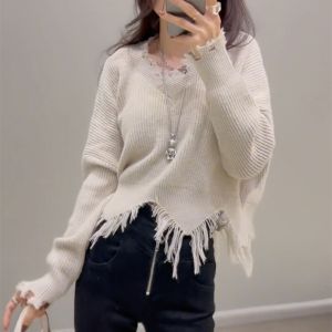 Irregular Holes Fringe Design Sweater Womens