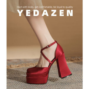 High Heels for Short Women Thick Bottom Mary Janes Red Wedding Shoes New Cross Band Hollow Thick Heel Single Shoes Womens Fashion