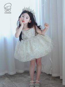 Princess Style Summer Birthday Girls Dress Lace Fabric Embroidered Details Performance Outfit Childrens Day Costume