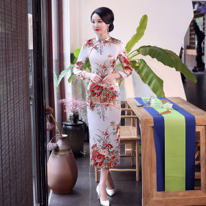 Váy Dài Tay in Họa Tiết Cổ Đứng Ôm Vừa Vặn Qipao Váy Midi Mùa Hè Thường Ngày Bằng Vải Polyester Dài Tay Cổ Đứng