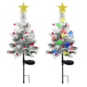 OurWarm 2 pcs Solar Christmas Tree Outdoor Christmas Decor 29In Flocked Christmas Tree Mini Small Christmas Tree with 40LED
