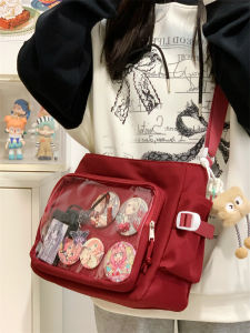 Large Capacity Slant Crossbody Pain Bag Red Anime Style Single Shoulder Grain Bag for Junior High School Girls Casual Nylon Fabric