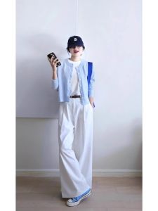 เสื้อคาร์ดิแกนถักสีฟ้าอ่อนนุ่ม เสื้อคลุมกันหนาวสำหรับผู้หญิง ฤดูใบไม้ร่วง/ฤดูหนาว สไตล์เกาหลี ทรงเรียบง่าย เสื้อคลุมสั้น แขนยาว ปกกลม