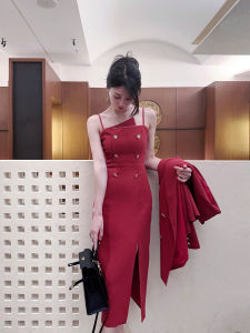 ชุดเดรสสีแดงหรูหรา ชุดแต่งงาน ชุดเดรสยาวแขนกุดสไตล์เกาหลี ทรงเอวสูง กระโปรงทรงเอ ชุดเดรสสีพื้น