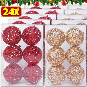 \ud83c\udf84Ready Stock\ud83c\udf8424PCS Christmas Ornament Balls Red Gold Kids Glitter Toys Hollow Out Xmas Tree Hanging Pendants Home New Year Party Decoration