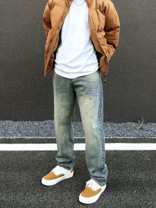 Washed Vintage Blue Straight Leg Jeans Casual Versatile Retro Fashion Mens Trendy All-Match Jeans Cotton Polyester Blend