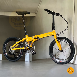 💛 Fnhon Blast 20 Inch Foldable Bike Golden Yellow Sensah 9 Gears Litepro Hollowtech High Profile Wheels MRT Friendly Compact Bicycle Liaoge Ethereal Rifle Hachinko Hand Grips MTB Fixie