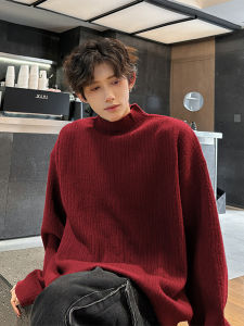 เสื้อสเวตเตอร์คอปกสูงครึ่งตัวสำหรับผู้ชาย สีแดง เสื้อถักแบบหลวมๆ ฤดูใบไม้ร่วง/ฤดูหนาว เสื้อชั้นในแบบลำลอง เส้นใยโพลีเอสเตอร์