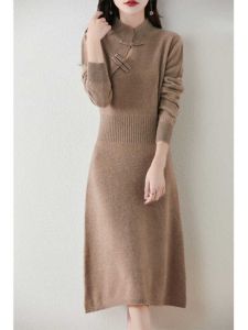Elegant Chinese Style Woolen Knitted Dress Womens Autumn Winter Slim Fit Stand Collar Cheongsam Midi Knee Length Cashmere Dress