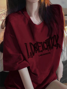 Pure Cotton Heavy Weight Burgundy Short Sleeved T-Shirt Womens Summer Loose Fashion Brand Niche Design Half Sleeve American T-shirt Top