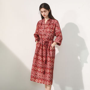 Miccbeirn | Silk Cotton Floral Print Vintage Dress V-Neck Slimming Waist Holiday Knee-Length Midi Skirt A-Line Simple Style Commute Dress