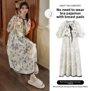 Miiow | Cat Woman Summer Floral Print Sleepwear With Chest Pad Womens Style 2025 Country Fresh Anti-Aging Home Clothes V-neck Long Sleeve