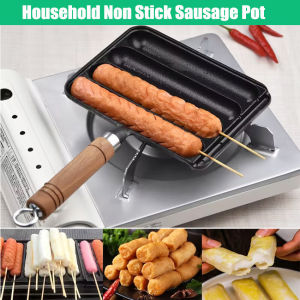 Cast Iron Sausage Pan Non-sticky Steak Frying Pan Portable Square Gas Stoves Grill Pan Wooden Handle Home Kitchen Accessories