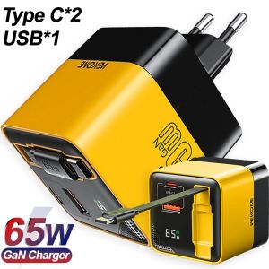 65W Quick Charging Retractable Wall Charger with USB Type C Data Cables 3-Port USB Charger Block for IPhone IPad Laptop Samsung