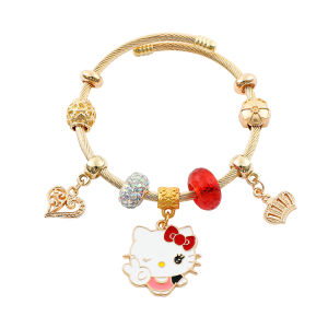 Sanrio | Gold Plated Hello Kitty Open Bangle Zinc Alloy with Red Crystal & Crown Charms Adjustable Cuff Bracelet for Girls