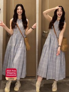 unifittoo | Summer Beach Holiday Style Blue Check Sleeveless Dress