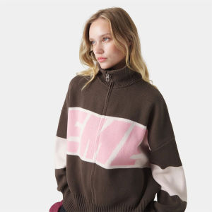 Retro Spliced Zipper Knitted Sweater Women Fashion Stand Collar Long Sleeve Loose Short Cardigan Lady Y2k Letter Knitwear