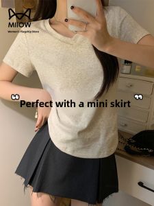 Miiow | Slim Fit Pure Cotton Short Sleeve V Neck T Shirt Womens Summer New Style Base Layer Shirt Tight Waist Inward Design Top