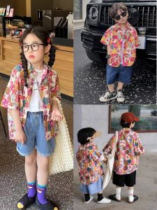 Trendy Retro Short Sleeve Printed Shirt Parent-Child Clothes Summer Pink Printing Loose Design Niche Style Medium and Large Childrens Jacket
