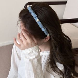 Elegant Pearl Hairband Womens Fashionable Butterfly Knot Headband for Outdoor Use Denim Blue Hair Clip Hair Accessory