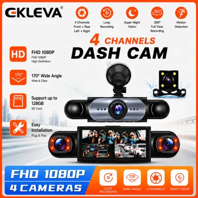 Ekleva 4 kênh Dash Cam 360 ° Thiết bị ghi hình xe ô tô hộp đen với nhìn trong đêm 24/7 Màn hình đỗ xe G-Sensor ghi lặp lại phụ tùng ô tô