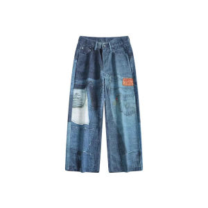 กางเกงยีนส์ทรงหลวมสไตล์อเมริกันย้อนยุคสำหรับผู้ชาย กางเกงขายาวทรงตรงพิมพ์ลายฤดูใบไม้ผลิ กางเกงยีนส์ทรงหลวมสำหรับผู้ชาย