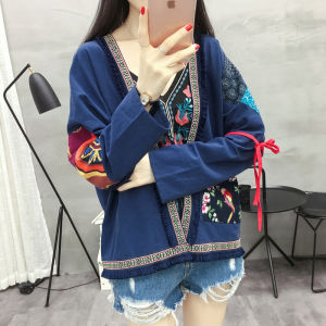 Ethnic Style Cotton Linen Short Open Cardigan Embroidered Tassel Travel Top Womens Spring Autumn Loose Fit V-Neck Long Sleeve