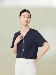 Finidi Summer 2024 V-neck Slimming Short Sleeve Chiffon Top Loose Fit Floral Embroidery New Arrival Womens Fashion Blouse