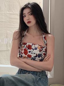 Retro Spicy Girl Neck Hanging Strap Vest Women Beautiful Back Underwear Base Shirt Butterfly Knot Oil Painting Tube Top Outerwear