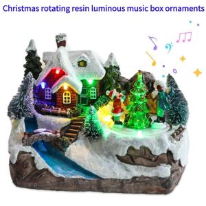 [EnidJuli] Christmas Rotating Resin Luminous Music Box Ornaments Rotating Small Train Decorations Christmas Village House Rotating With Music Christmas Resin House Decorations