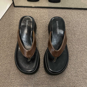 Womens Summer Fashionable Thick Heel Sandals Open-Toe Slip-On Beach Flip Flops Comfortable Casual Rubber Sole PU Lined