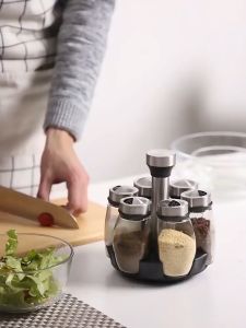 Bộ 6 Lọ Đựng Gia Vị Thủy Tinh Kèm Giá Để Xoay 360 Độ Tiện Lợi Cho Nhà Bếp Bộ Đựng Gia Vị Xoay 360 Độ (Loại Cao Cấp)
