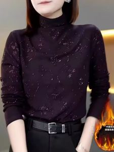 Áo Sơ Mi Dài Tay Lót Lông Cừu Cổ Cao Thời Trang Nữ Mùa Thu Đông Mới Thiết Kế Co Giãn Ấm Áp Chất Liệu Polyester