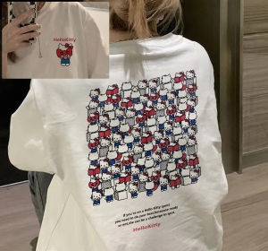 American School Style Cartoon Kitty Print Short Sleeve T-shirt for Women 2025 Spring and Autumn New Loose Casual Cotton Top