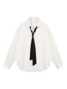 Elegant White Loose Womens Shirt with Tie College Style Trendy Midi Pure Desire Lady Shirt Commute Long Sleeve Polo Collar
