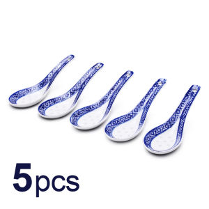 5pcs Convenient Ceramic Spoon Chinese Style Scoop Porridge Spoon Tableware Blue And White Soup Spoons For Home Restaurant