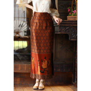 Silk Satin Chinoiserie Mini Skirt Chinese Style Wrap around Skirt High Waist Long Skirt Print Pattern H-Shape Silken A-Line Skirt