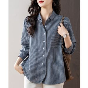 September Stripe Long Sleeve Womens Shirt Cotton Linen Style Commute Simple Loose Fit Polyester Fiber Regular Length