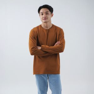 Kaos Polos Pria Oneck Lengan Panjang Bahan Katun Combed 30s Warna Caramel