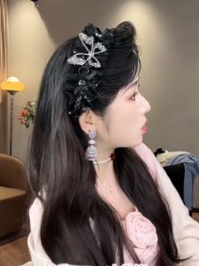 Retro Butterfly Hairband Wide Edge Crushed Hair Headband High Forehead Small Face Enhancing Versatile Hair Clip Sparkling Diamond