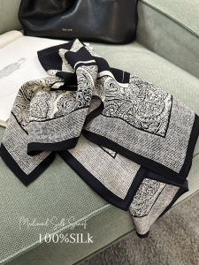 ผ้าพันคอไหมลายวินเทจสีดำและขาวสำหรับผู้หญิง ผ้าคลุมไหล่ไหม ผ้าพันคอแบบอเนกประสงค์สำหรับฤดูใบไม้ผลิและฤดูร้อน