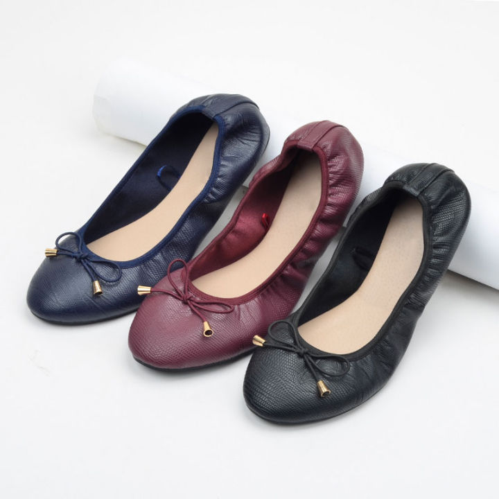 Baellerry High Quality Fashion Flat Shoes Women's Elegant And Comfortable  Flats Bowknot Foldable Round Toe Leather loafers