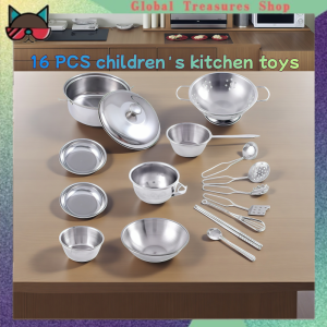 16PCS Kids Kitchen Playset Kitchen Utensils Toys Stainless Steel Cooking Toys Mini Pretend Play Tools