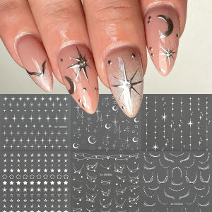 6Pcs Metallic Silver Star Moon Nail Stickers French Lines Pearl Chain Meteor Nails Decal Self-Adhesive Starlight Manicure Slider