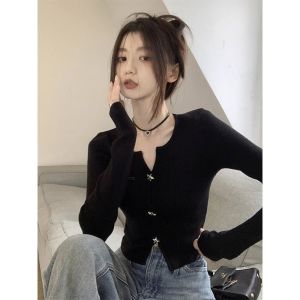 เสื้อสเวตเตอร์คาร์ดิแกนเปิดสไตล์เกาหลีสำหรับผู้หญิง ทรงเข้ารูป ดีไซน์เก๋ไก๋ ลำลอง ใส่ได้หลายชั้น เสื้อสเวตเตอร์ถักฤดูใบไม้ร่วง/ฤดูหนาว