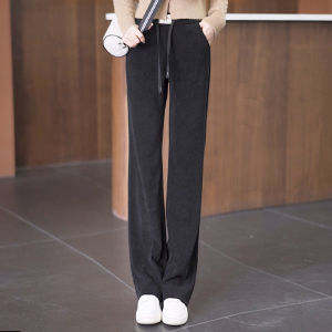 Quần Ống Rộng Nhún Bèo Cạp Cao Mùa Thu Đông Cho Nữ Quần Dài Thường Ngày Bằng Vải Nhung Kẻ Ống Đứng