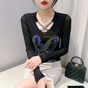 REHIN Autumn New Double-Layer Mesh with Heavy Craftsmanship Rhinestones Long Sleeve T-shirt Elegant Stylish Versatile Base Layer Womens Top