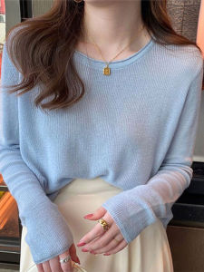 เสื้อชั้นในถักแขนยาวหลวมๆ บางๆ สำหรับผู้หญิงในฤดูใบไม้ผลิ เสื้อชั้นในคอกลมแบบสวมหัว ทรงหลวม แฟชั่นระดับไฮเอนด์ เสื้อผ้าทำงานสไตล์เกาหลี