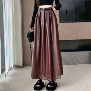 กระโปรงทรงเอเอวสูงผ้า PU สีแดงหรูหรา กระโปรงทรงเอยาวปานกลางสำหรับผู้หญิงในฤดูใบไม้ร่วง กระโปรงทรงเอทรงเอ